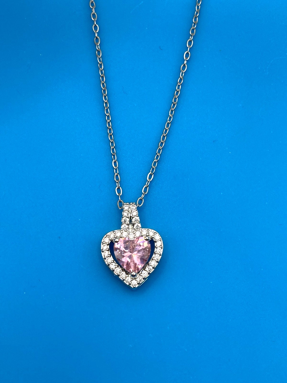 Pink Heart Crystal Silver Overlay 18" Necklace Made with SWAROVSKI Elements